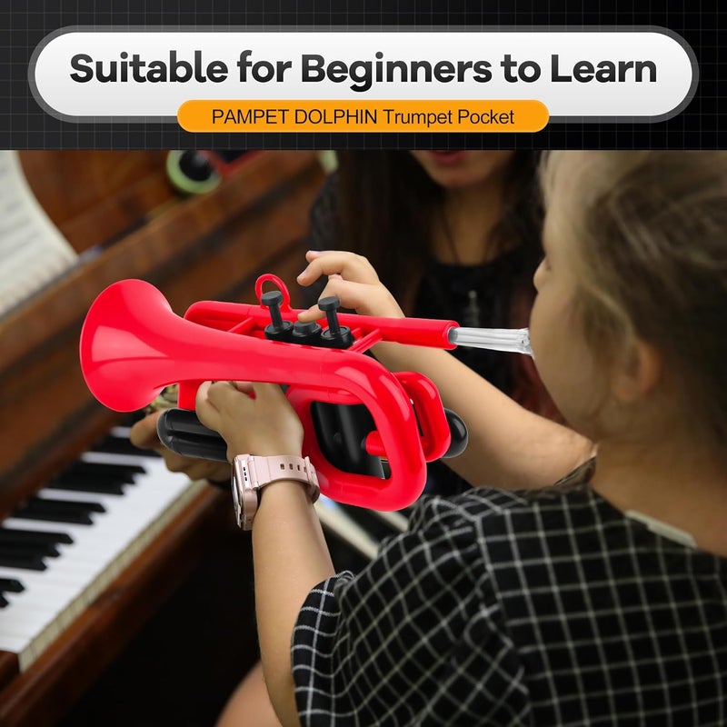PAMPET DOLPHIN Pocket Trumpet Plastic Bb Trumpet Standard Trumpets for Student Beginner Bb Trumpets Instrument (Red) - Image 2